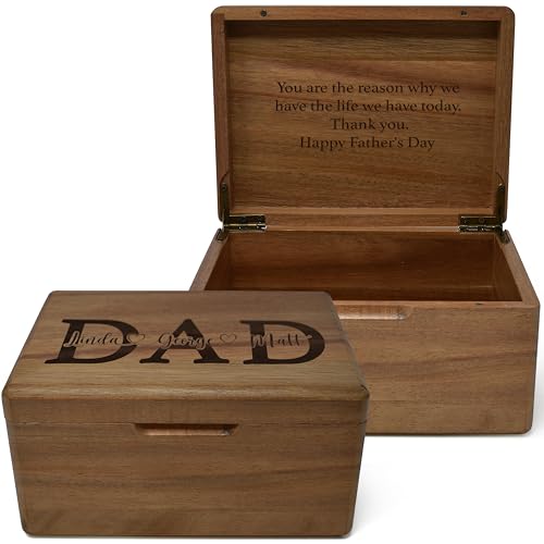 Unique Dad Gifts from Kids - Custom Acacia Wood Keepsake Box for Memories with Engraved Children Names, Personalized Gift Fathers Day from Daughter and Son, Dad Birthday Gift from Kids, 8x6x4 in