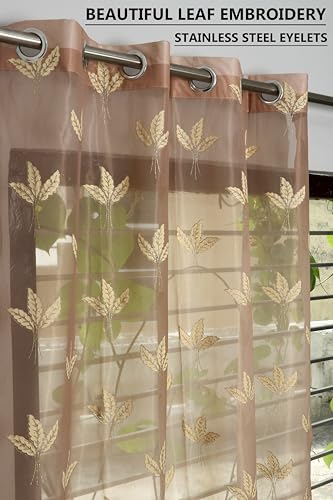 Image of IVAZA Polyester Semi-Transparent Leaf Embroidered Curtain ? Sheer Voile Panel with Eyelets ? Lightweight & Airy ? Ideal for Living Room, Bedroom, Balcony Long Door- 9 Feet (Pack of 2) Beige