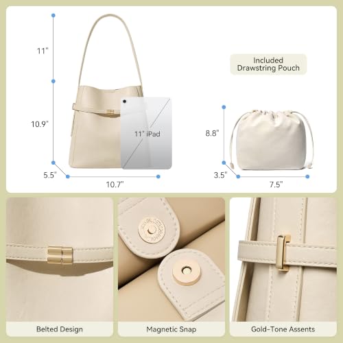 Image of BOSTANTEN Vegan Leather Purses for Women Quiet Luxury Shoulder Bucket Bag | Soft Luxury Tanned Leather, Include Drawstring Pouch, Front Belted Design, Fixed Wide Strap, for Everyday Office Weekend