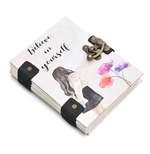 Image of Handmade Motivational Journal | ?Believe in Yourself? Diary with Lock | Vintage 5x7 Inch Recycled Paper Notebook for Women, Writers & Artists