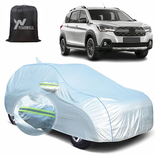 Image of Car Body Cover for Maruti XL6, 100% Waterproof, Heat-Resistant with Mirror & Antenna Pockets, Soft Cotton Lining, Triple Stitched, Piping & Reflector (Reflective Silver)