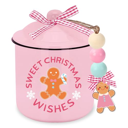JarThenaAMCS Christmas Mini Ceramic Canister Mini Jar Pink Brown Gingerbread Man Candy Bowl with Lid Buffalo Plaid Bow Wooden Beads for Xmas Winter Home Table Centerpiece Decor Storage Accessory
