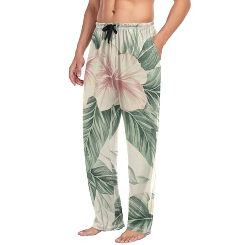 ALAZA Retro Pink Red Flowers Tropical Leaves Men’s Pajama Pants Soft Long Sleep Pants Lounge Pajama Bottoms with Pockets4