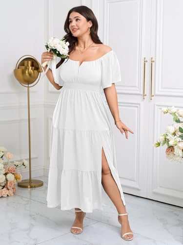 Image of SCOMCHIC Womens Plus Size Maxi Dress Formal Short Sleeve Square Neck Smocked Side Split Flowy A Line Tiered Long Dress