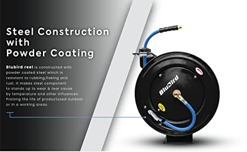 Blubird Bbr3875 18Ga. Retractable Hose Reel With 3/8" X 75' Air Hose, 12 Point Ratcheting Gear, Next-Gen Rubber, Lightest, Strongest, Most Flexible, 300 Psi, -50F To 190F Degrees, Polyester Braided #TOP4