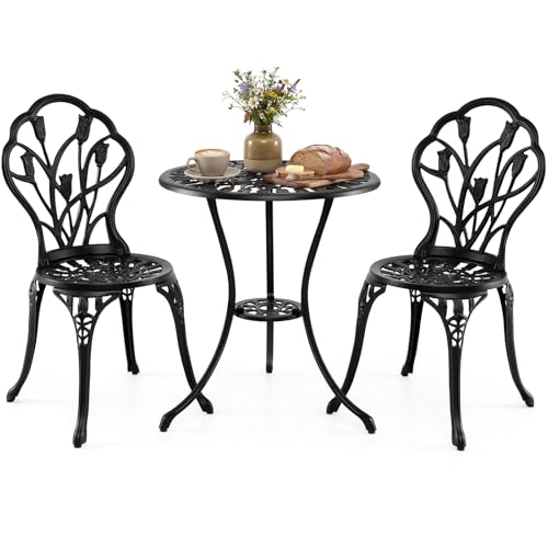 GOPLUS Conjunto de Mesa y 2 Sillas de Aluminio Fundido con Agujero para Sombrilla 50mm,Juego de Muebles Jardín Balcón para Todo Tipo de Clima(Modelo de Flor)