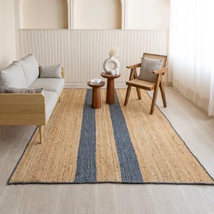 Tapis bohème chic en jute naturelle tressé à la main – Décoration rustique pour salon, salle à manger et chambre à coucher – Bleu marine – 2,1 x 3 m