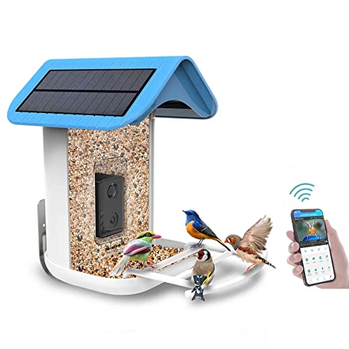 Sainlogic Inteligente Comedero Pajaros con Cámara WiFi, 1080P HD, Captura Automática de Videos de Aves, Notificación de Solicitud App, Reconocimiento AI de Especies de Aves, 2 Paneles Solares Cover
