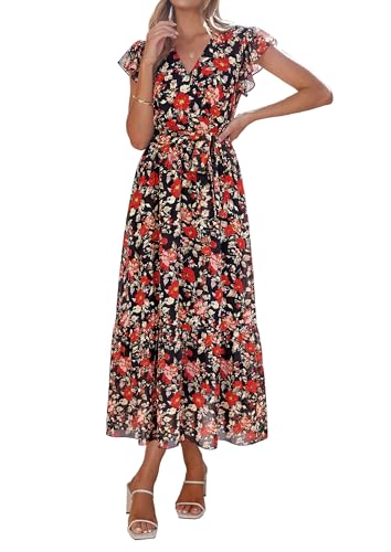 Image of PRETTYGARDEN 2023 Women's Floral Summer Dress V Neck Short Sleeve Ruffle Hem A-Line Boho Maxi Dresses