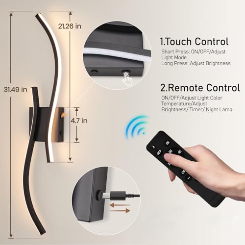 Image of Battery Operated Wall Sconces Set of 2, Dimmable Rechargeable Battery Wall Light with Remote Control, 3000K-6500K LED Black Wireless Wall Sconce for Living Room Bedroom Hallway, 31.5inch (Black)
