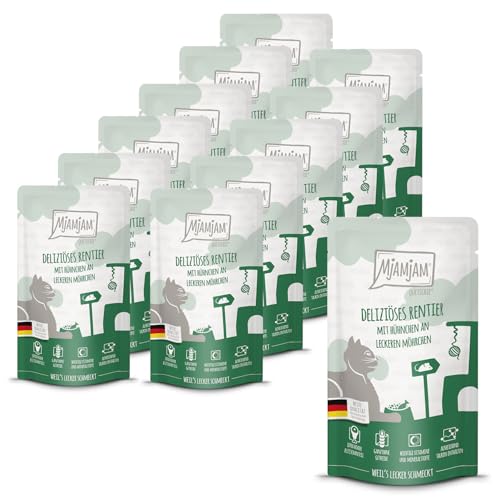 MjAMjAM - Premium Nassfutter für Katzen - Quetschie - deliziöses Rentier mit Hühnchen an leckeren Möhrchen, 12er Pack (12 x 125 g), getreidefrei mit extra viel Fleisch