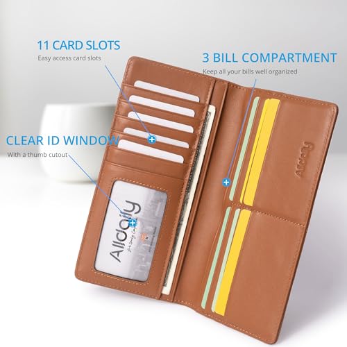 Image of Alldaily Bifold Slim Long Wallet for Men RFID-Blocking Thin Card Holder with ID Window (Leather Brown)