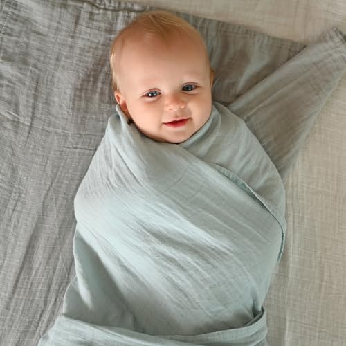 Image of POMISO Muslin Swaddle Blankets for Boys & Girls, Newborn Receiving Blankets, 4 Pack Soft Breathable Baby Swaddles, Large 47x47 Inches, Grey Blue White Green