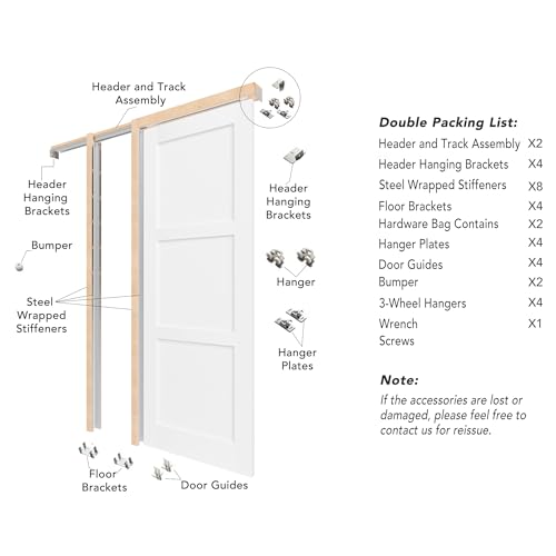 Image of Sliding Pocket Door, 48 inch(2 x 24) x 80 inch, 3-Panel Core with Frame and Hardware Kit Set, Interior Doors for Pocket Door, White Primed - No Panel Assembly Required