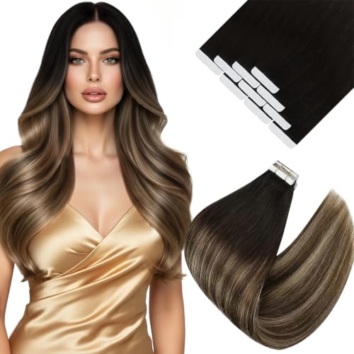 Image of Ve Sunny Hair Tape in Extensions Black Balayage Brown with Ash Blonde | Human Hair Extensions Tape ins,Instant Highlights,20Inch 25g 10Pcs,Adhesive Skin Weft,for Wedding or Party