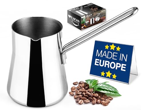 Hakan Topkapı - Cafetera turca de acero inoxidable, 572.7 g, 600 cc, cafetera griega árabe grande con boquilla, cafetera superior de estufa, calentador de leche con asa, olla Chai Cezve, Ibrik, Briki
