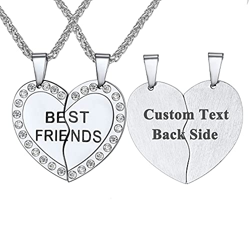 Custom Best Friend Necklace for 2 Stainless Steel Rhinestone Split Heart Pendant with Chain Personalized BFF Necklaces Set for Women Girls