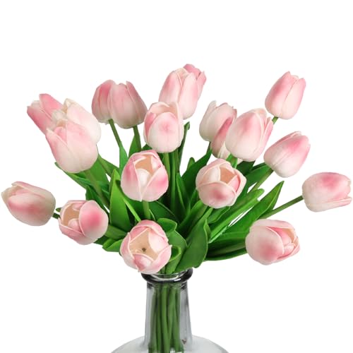IPOPU 24PCS Real Touch Pink Tulips Artificial Flowers (Baby Pink, 13.4"H x 1.97"D) for Home Decor, Wedding Bouquet, Party & Baby Shower Centerpieces