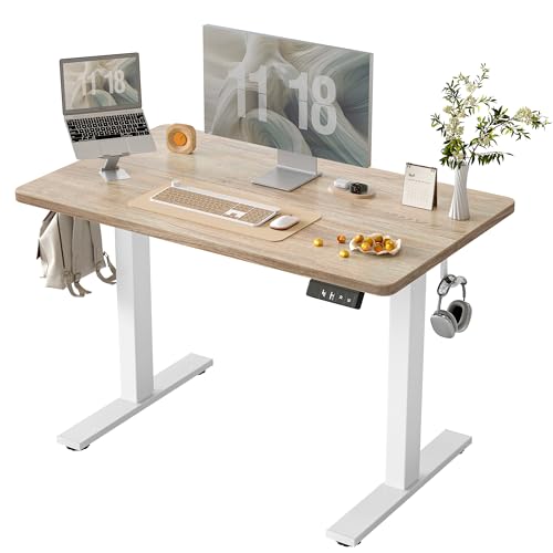 Image of TIQLAB Height Adjustable Electric Standing Desk, 40 x 24 inch, Sit Stand Up Desk, Splice Board, Computer Home Office Desk, Maple Top