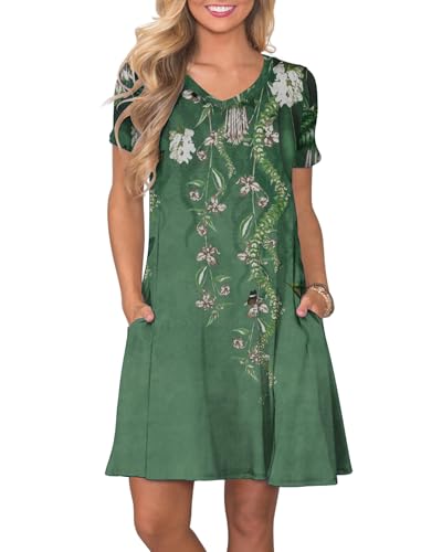 Image of COSSEN Women's Casual T Shirt Dress V-Neck Short Sleeves Swing Dresses Birthday Party Summer Travel Beach with Pocket
