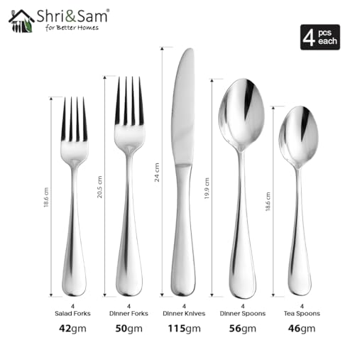 Image of Shri & Sam Heavy Thickness Cup Down Stainless Steel Cutlery Set of 20 | 4 Dinner Forks, 4 Salad Forks, 4 Dinner Knives, 4 Dinner Spoons, 4 Tea Spoons | Mirror Finish | Dishwasher Safe | Made in India