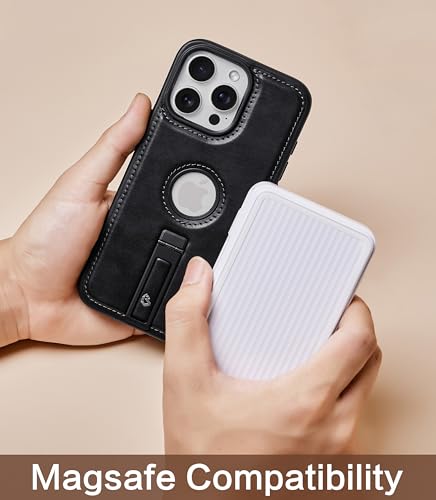 Bullroye for iPhone 15 Pro Case Leather with Stand, Black - image 5