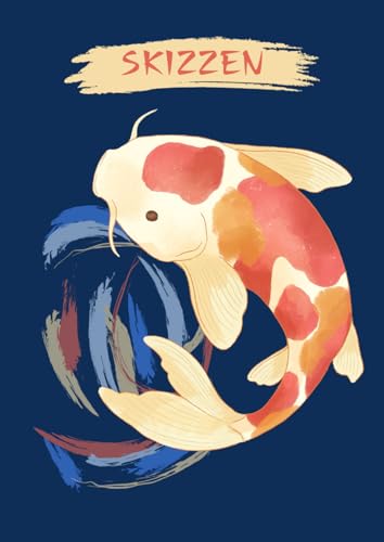 Skizzenbuch Malheft Koi Japan aquarell: Zeichenblock - A4 112 Seiten blanko - Goldfisch - blau