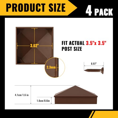 Image of VIVIDA 4x4 Aluminum Post Caps(Actual 3.5 inch x 3.5 inch), Metal Fence Post Caps with Waterproof Matte Powder Coated, for Wooden Fence, Deck, Mailbox, Patio, Screw & Driver Bit Included, Brown, 4 Pack