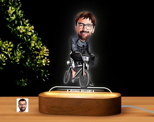 Image of THE GRANDEUR Caricature Gift for Men, Custom LED Bicycle Rider Cartoon Lamp for Him - Personalized Cycling Figurine, Birthday Gift for Men, USB Night Light Decor, (15 x 6 cm)