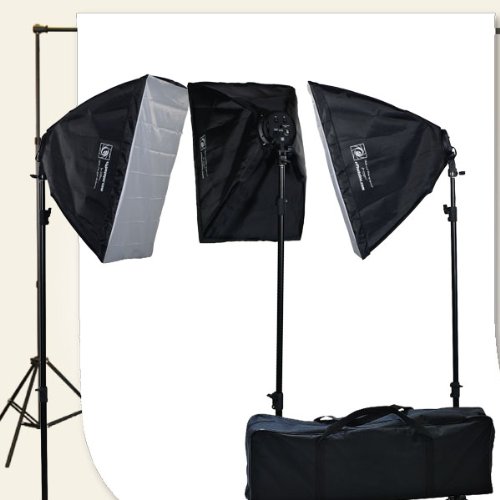 ePhoto 3 Softbox Photo Video Studio Lighting & 10x16 White Muslin Backdrop Background Support Stand Set H9004SB-1016W