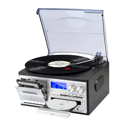 JORLAI 9 en 1 Platine Vinyle 3 Vitesses avec télécommande, Tourne-Disque Vinyle Bluetooth avec Haut-parleurs intégrés CD/Cassette Radio AM/FM USB/SD/MMC 3.5mm...