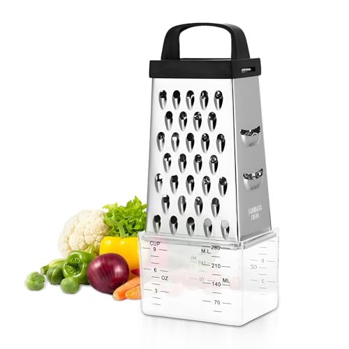 Xiuyer Rallador, Rallador de Queso, Rayadores para Cocina, 4 Lados Ralladores de Cocina, Apto para Lavavajillas, Con recipiente medidor, Para Rallar Todo Tipo de Alimentos, Rallador de calabacin Limon