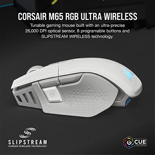 Corsair M65 RGB Ultra Wireless Tunable FPS Wireless Gaming Mouse - Sub-1ms Slipstream Wireless Technology, 26,000 DPI Optical Sensor, Up to 120 Hours of Battery Life, 8 Programmable Buttons - White by Corsair - Used condition - US$81.54