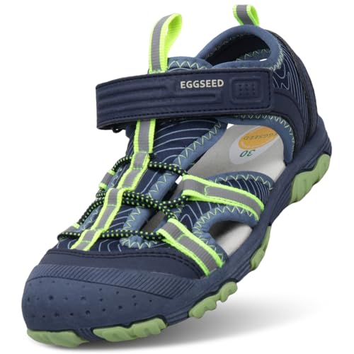Eggseed Boys Sport Sandals Summer Closed Toe Hook Loop Outdoor Athletic Walking Shoes Navy Blue/Green Toddler Size 7