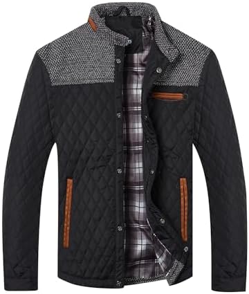 HOOD CREW Men’s Quilted Down Jacket Autumn Winter Coat Lightweight Business Causal Shirt Jacket Black XL