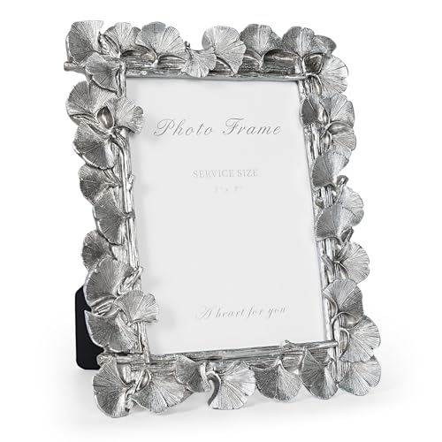 Silver 5x7 Picture Frame, Vintage Silver Ornate Leaf Textured Hand-Crafted Resin Frames with Glass Front, Antique Photo Frame for Tabletop Display, Retro Design Home Decor