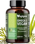OMEGA 3 Vegano – Óleo de Algas 2000 mg com 600 mg DHA e 300 mg EPA – 120 Cápsulas Vegetais de Amido de Tapioca (Sem Gelatina Animal) – Sem Glúten – Non GMO – Forma Triglicerídeo – Vegageno