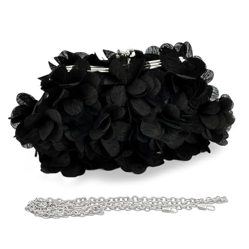 JAMBHALA Women Elegant Evening Purse, Small Floral Clutch Bag with Detachable Chain for Wedding, Party, Prom (Black)