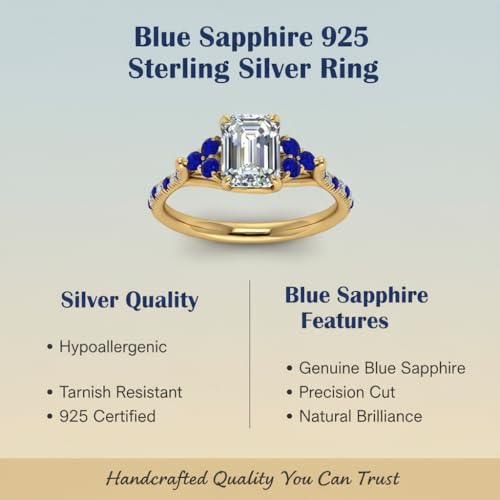 Image of Choose Your Gemstone Emerald Cut Petite Cathedral Diamond CZ Ring Yellow Gold Plated Emerald Shape Petite Engagement Rings for Women, Girls and Ladies US Size 4 to 12
