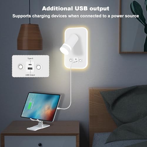 HUIZHOU Reading Lamp Wall Mounted LED Wall Lamp Touch Control 3 Color Temperatures and 12W USB Charging Port 350° Rotating Bed Reading Light Living Room and Bedroom (Rectangle White) - Image 4