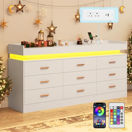 Image of jiteentarou 9 Drawer Dresser with Charging Station and LED Lights, Modern Chest of Drawers with Power Outlet, Organizer Cabinet for Bedroom, Living Room, Entryway, White