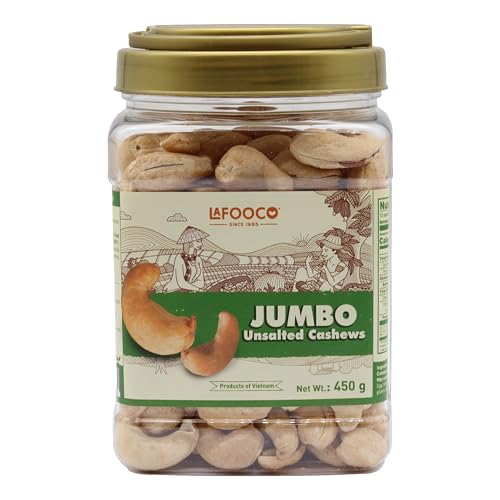 Image of LAFOOCO Jumbo Unsalted Cashews 15.87 oz, Dry Roasted Extra Large Nuts Jar | Extra large whole cashews dry roasted without oil or salt added. Premium Vietnamese nuts in an oval gift jar.