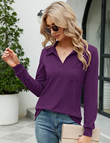 Womens Long Sleeve Polo Shirts V Neck Collared Blouses Loose Casual Tunic Tops with Pocket Purple M