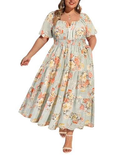Image of RITERA Plus Size Dresses for Curvy Women Square Neck Short Sleeve Summer Floral Smocked Maxi Dress with Pocket XL-5XL