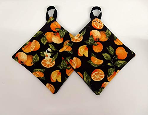 Potholder Set on an Orange and Vine Fabric Print by Sewuseful Studios LLC