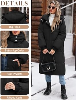 RITOSTA Lange donsjassen voor dames, gewatteerde donsjas, verdikte capuchon, comfortabele overjas, ritssluiting, lange parka met zakken voor de winter, warme buitenkleding, outdoor wandelen