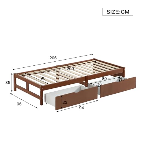 Merax Holzbett 90x200cm, Einzelbett mit Zwei Schubladen auf Rollen, Flachbetten mit Stabile Lattenroste, Ohne Kopfteil, Kinderbett Futonbett Bettrahmen für Erwachsene Teenager, Kiefer+MDF, Rotbraun