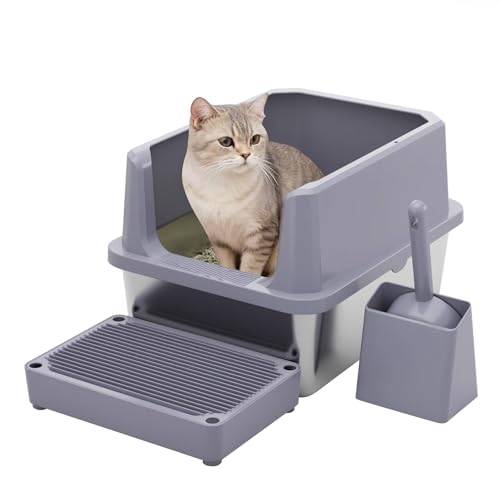 RIZZARI Cat Litter Box Large: Gray Stainless Steel Leakproof Open Top Tray for Odor Control - Bathroom Balcony Use - Multi-Cat Household Solution
