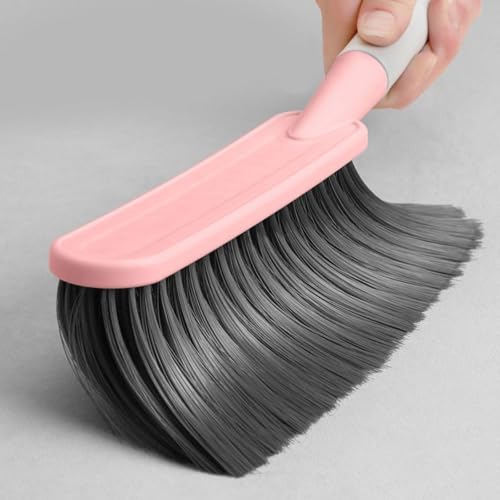 Image of Hand Broom with Long Handle, Soft Bristle Cleaning Brush, Multi-Purpose Duster for Bed, Car, Sofa, Furniture, Clothes, Carpet (Pink)