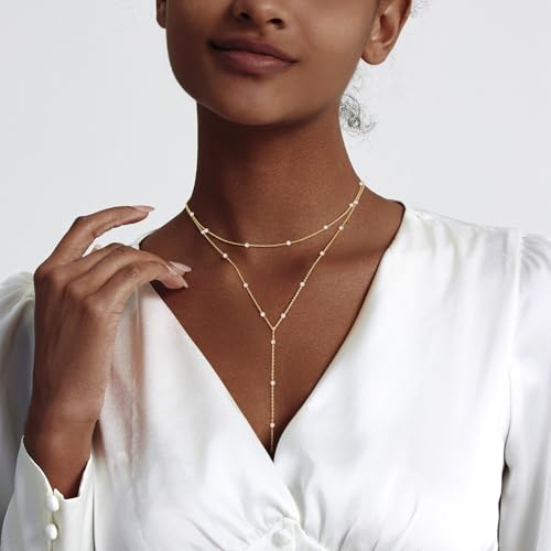 Image of Zeffy Gold Pearl Necklace for Women, Dainty 14K Gold /Silve Plated Layered Pearl Choker Pearl Earrings Pearl Bracelets Wedding Trendy Gold Jewelry Set for Women Gifts